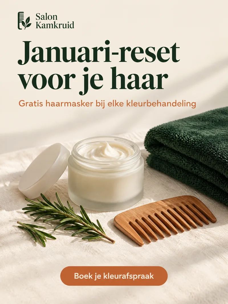 Advertentie van Salon Kamkruid met een pot haarmasker, een houten kam en rozemarijn, met de kop 'Januari-reset voor je haar'