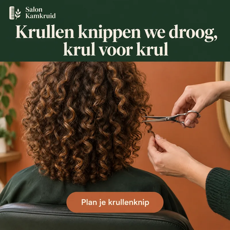 Advertentie van Salon Kamkruid met een klant met krullen van achteren en een schaar die één droge krul knipt, met de kop 'Krullen knippen we droog, krul voor krul'