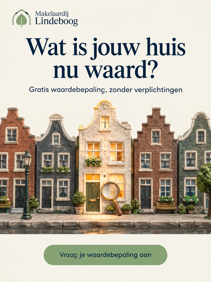 Advertentie van Makelaardij Lindeboog met kleihuizen waarvan één oplicht, met de kop 'Wat is jouw huis nu waard?'