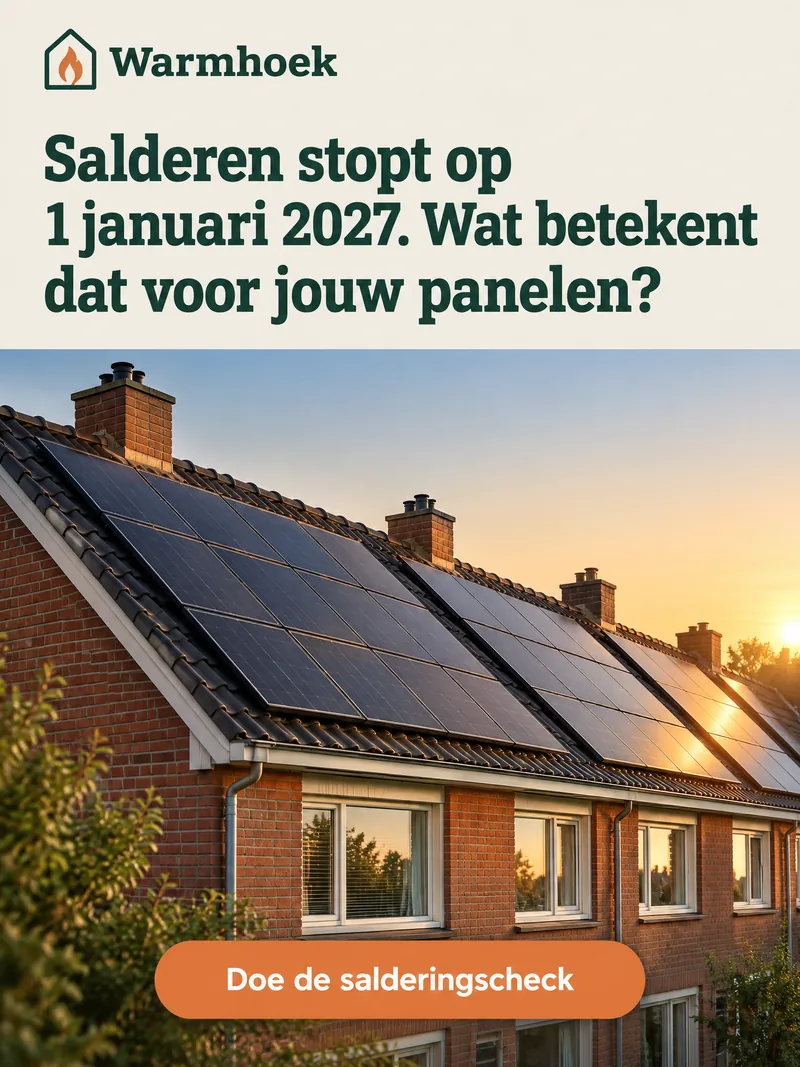 Advertentie van Warmhoek met zonnepanelen op een rijtjeshuis bij zonsondergang en de kop 'Salderen stopt op 1 januari 2027. Wat betekent dat voor jouw panelen?'
