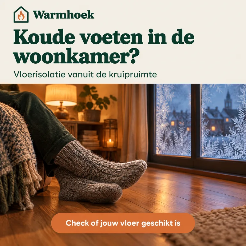 Advertentie van Warmhoek met voeten in wollen sokken op een houten vloer in de winter en de kop 'Koude voeten in de woonkamer?'