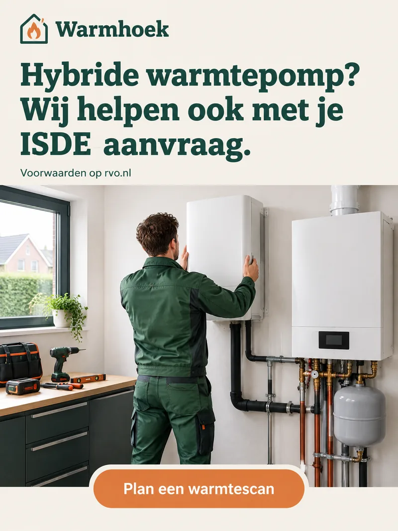 Advertentie van Warmhoek met een monteur van achteren bij een hybride warmtepomp en de kop 'Hybride warmtepomp? Wij helpen ook met je ISDE-aanvraag.'
