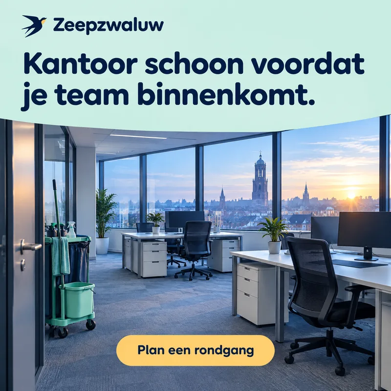 Zeepzwaluw ad showing an empty office at dawn with a cleaning trolley and a Dutch headline about a clean office before the team arrives