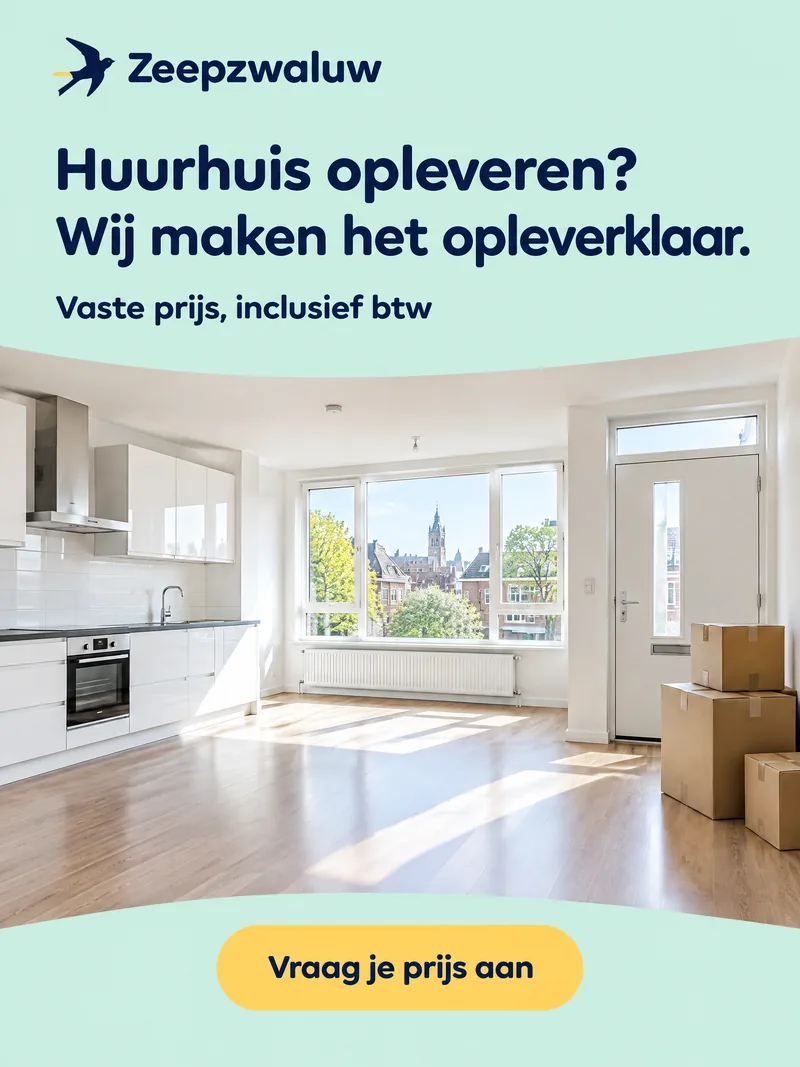 Zeepzwaluw ad showing a clean, empty rental apartment with moving boxes and a Dutch headline about move-out cleaning at a fixed price