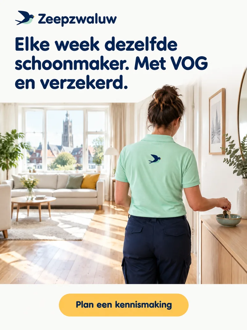 Zeepzwaluw ad showing a cleaner from behind placing house keys, with a Dutch headline promising the same vetted, insured cleaner every week