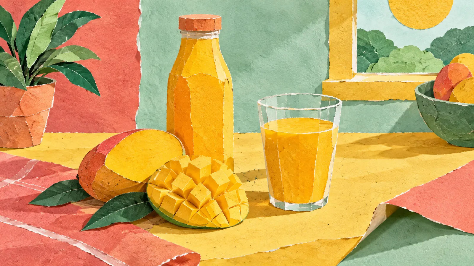 Papiercollage van een aanrecht met een sapfles en fruit, waarbij één laag papier wordt opgetild