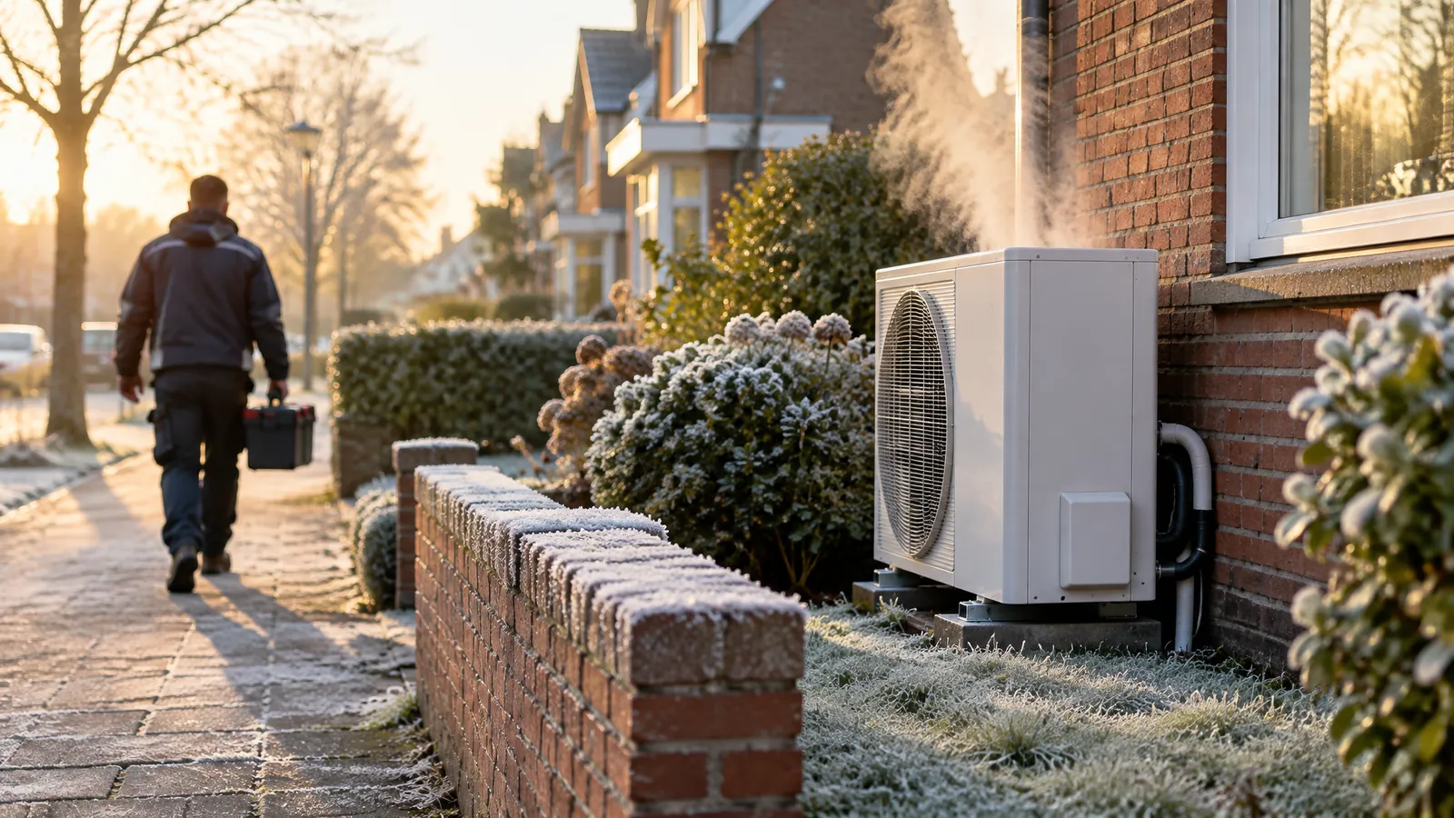 Buitenunit van een warmtepomp op een berijpte winterochtend, met een monteur die van de camera wegloopt