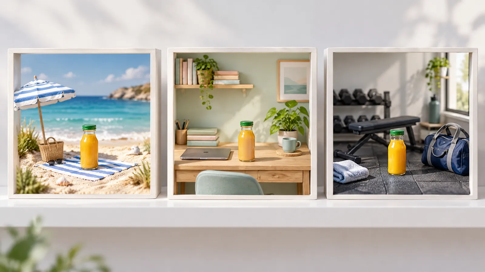 Drie miniatuurdecors op een plank, een strand, een bureau en een sportbank, met in elk hetzelfde flesje sap