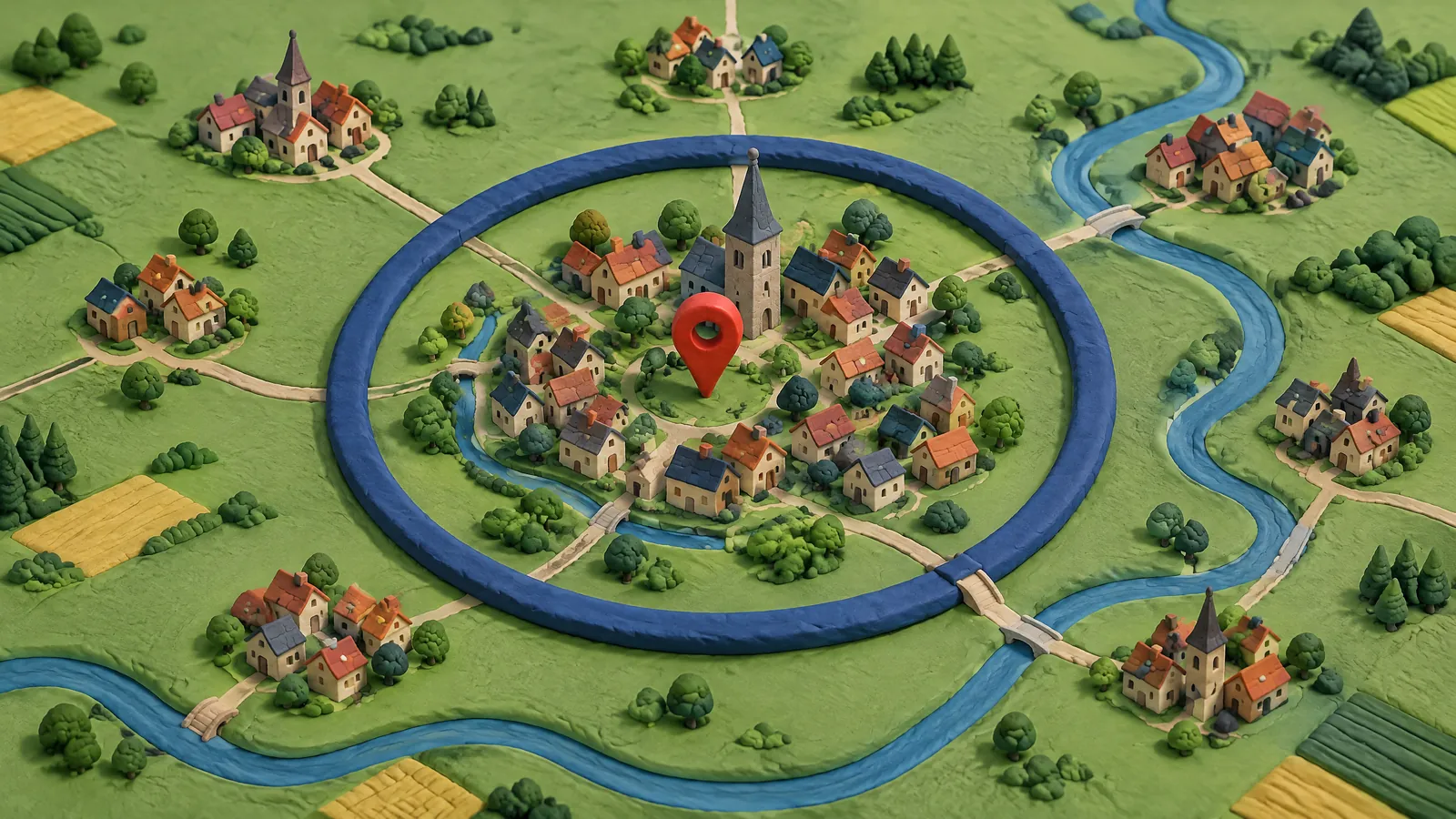 Kleimodel van een stadje met een kaartspeld in het midden en een grote blauwe cirkel eromheen die ook omliggende dorpen omvat
