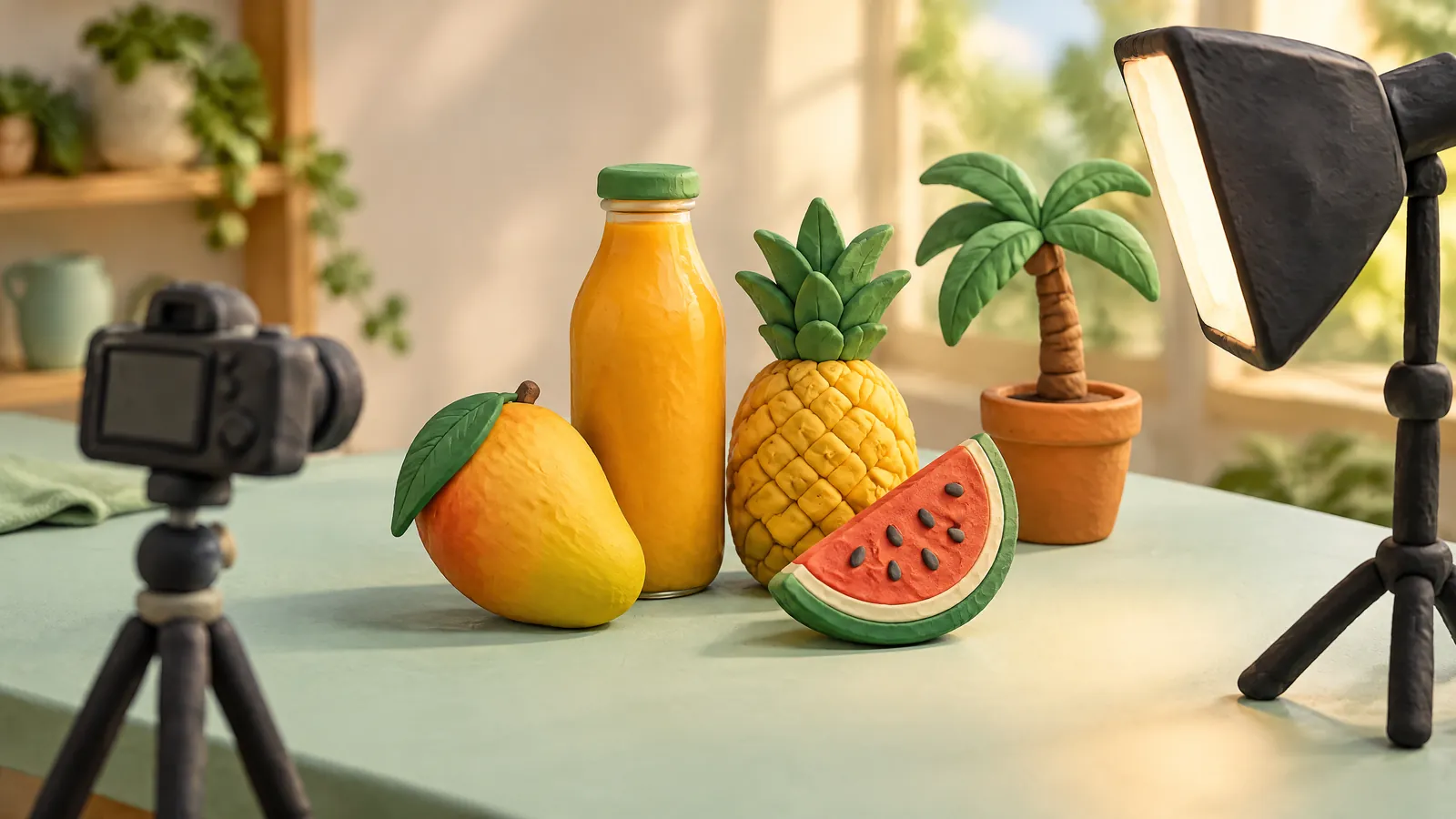 Kleifiguurtjes van een sapfles en tropisch fruit bij een mini-fotoshoot met een klei-camera