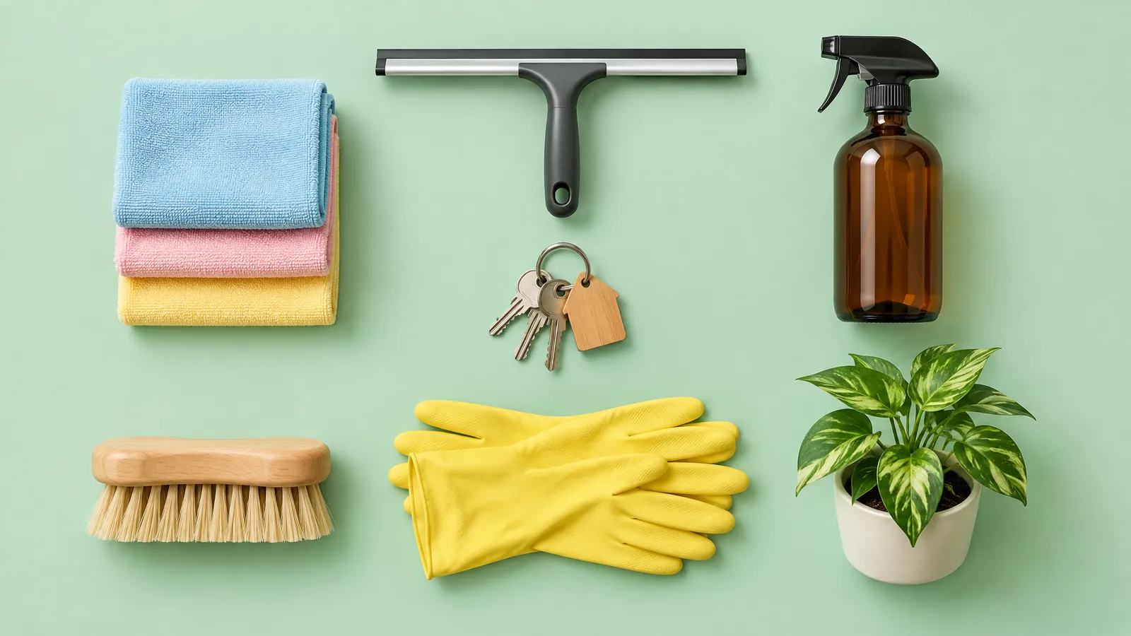 Cleaning tools neatly arranged around a set of house keys on a mint-green background