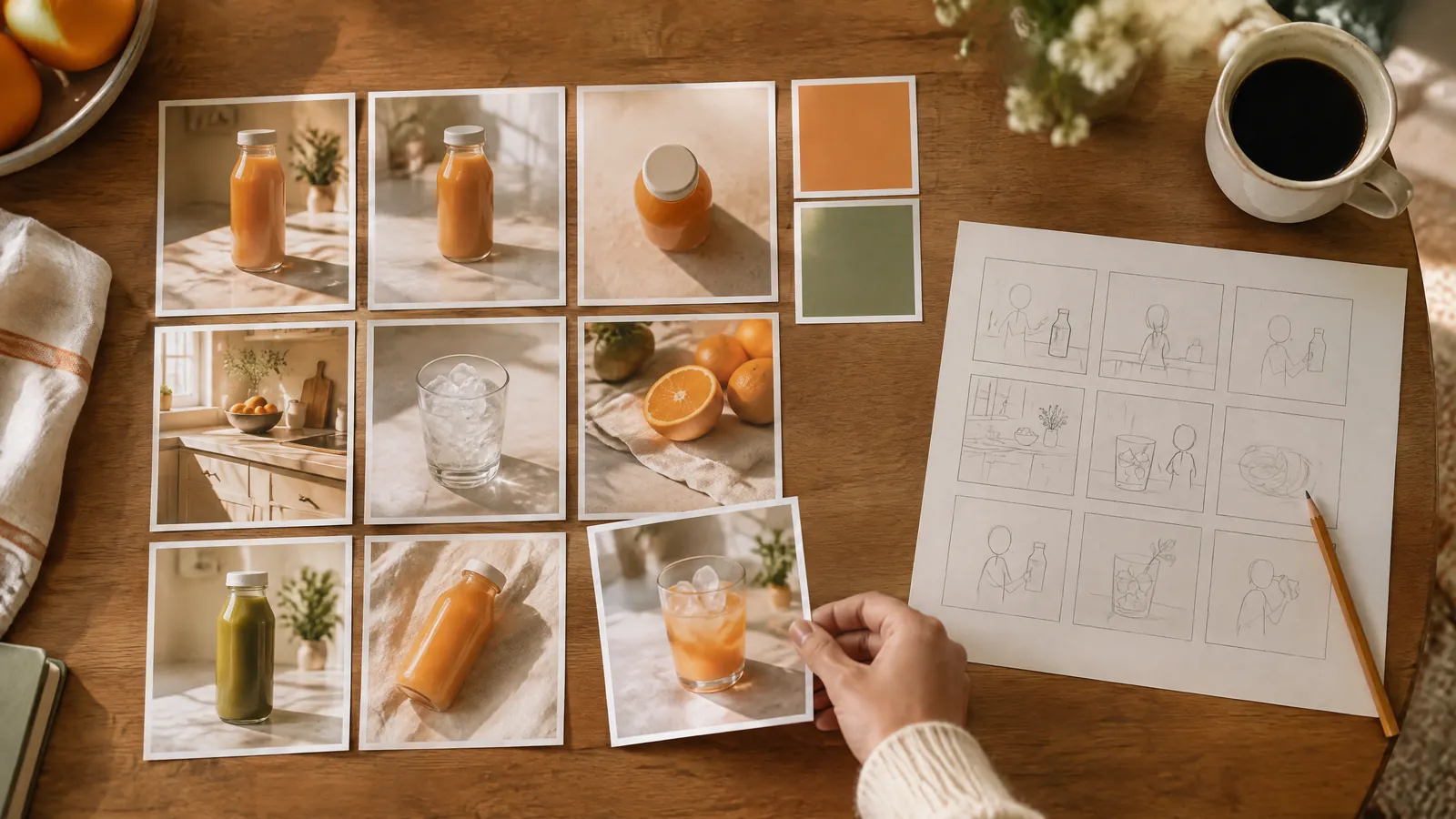 Reference photos of a product and a kitchen laid out in a grid next to a hand-drawn storyboard