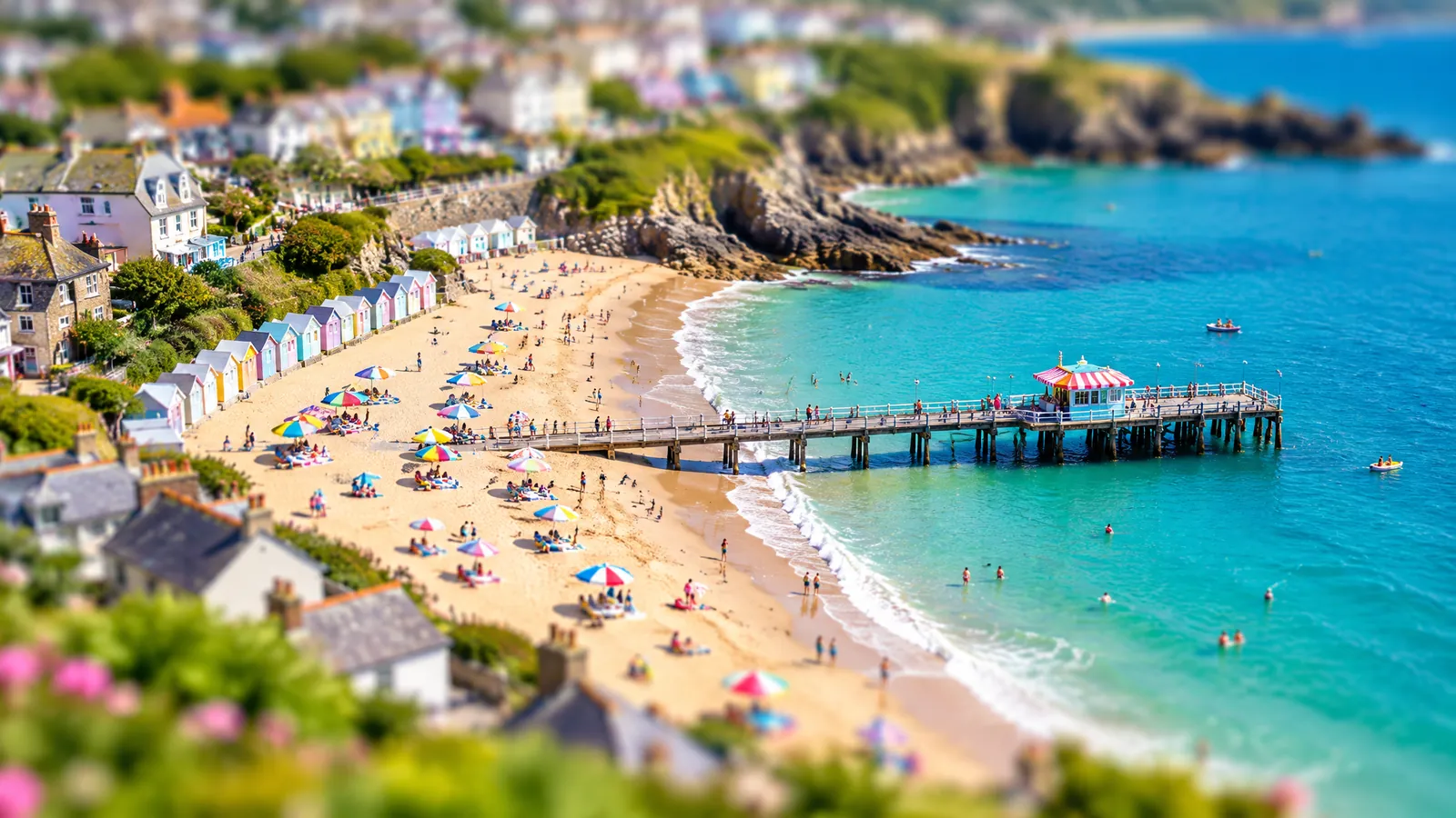 Tilt-shiftfoto van een miniatuurachtig strand met gekleurde parasols en strandhuisjes