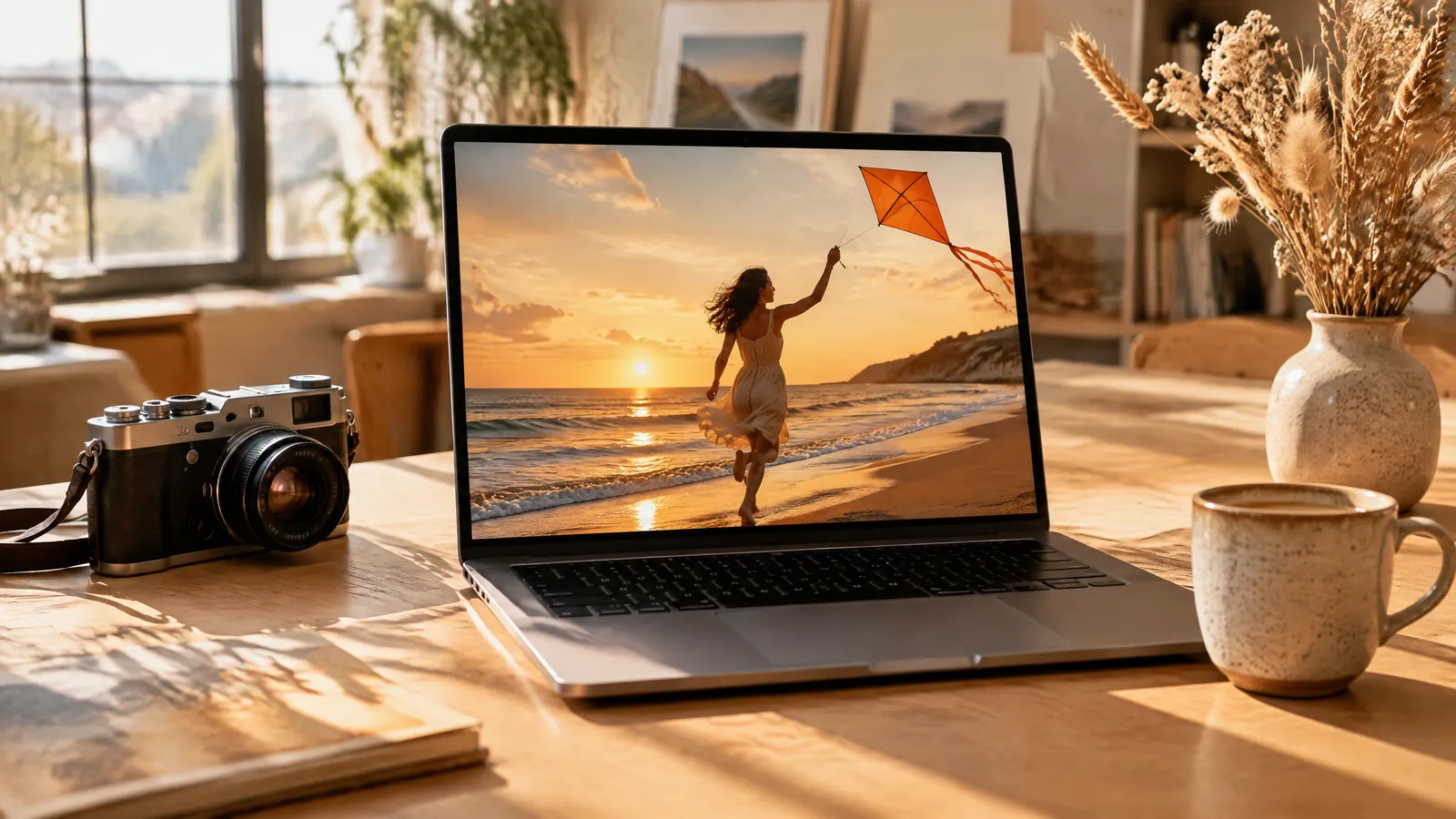 Laptop showing a cinematic shot of a woman with an orange kite on a beach