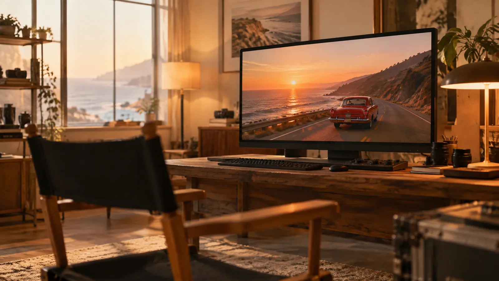 Editing suite with a monitor showing a red car on a coastal road at sunset