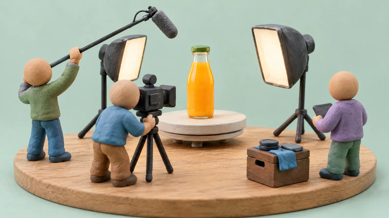 Kleifiguurtjes op een miniatuur filmset richten een camera en een microfoon op een fles sinaasappelsap