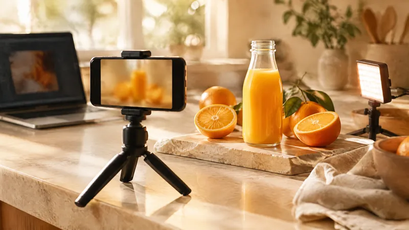 Smartphone on a small tripod filming a bottle of orange juice on a kitchen counter