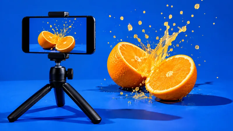 Smartphone on a small tripod filming a bottle of orange juice on a kitchen counter