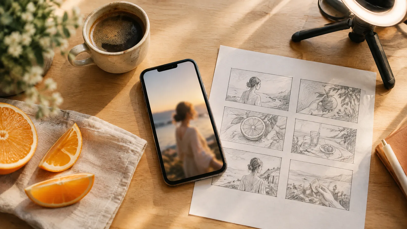 Desk with a phone, a hand-drawn storyboard, coffee and orange slices